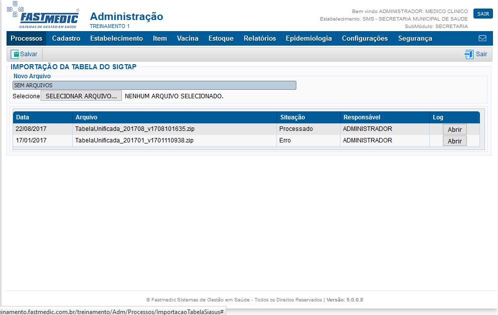 Imagem demonstrativa da Importação Tabela SIGTAP